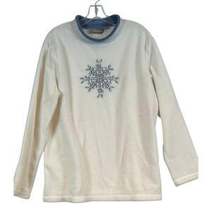 NWT Grandmacore Womens Fleece Mock Neck Snowflake Pullover Cream Blue Winter -L-